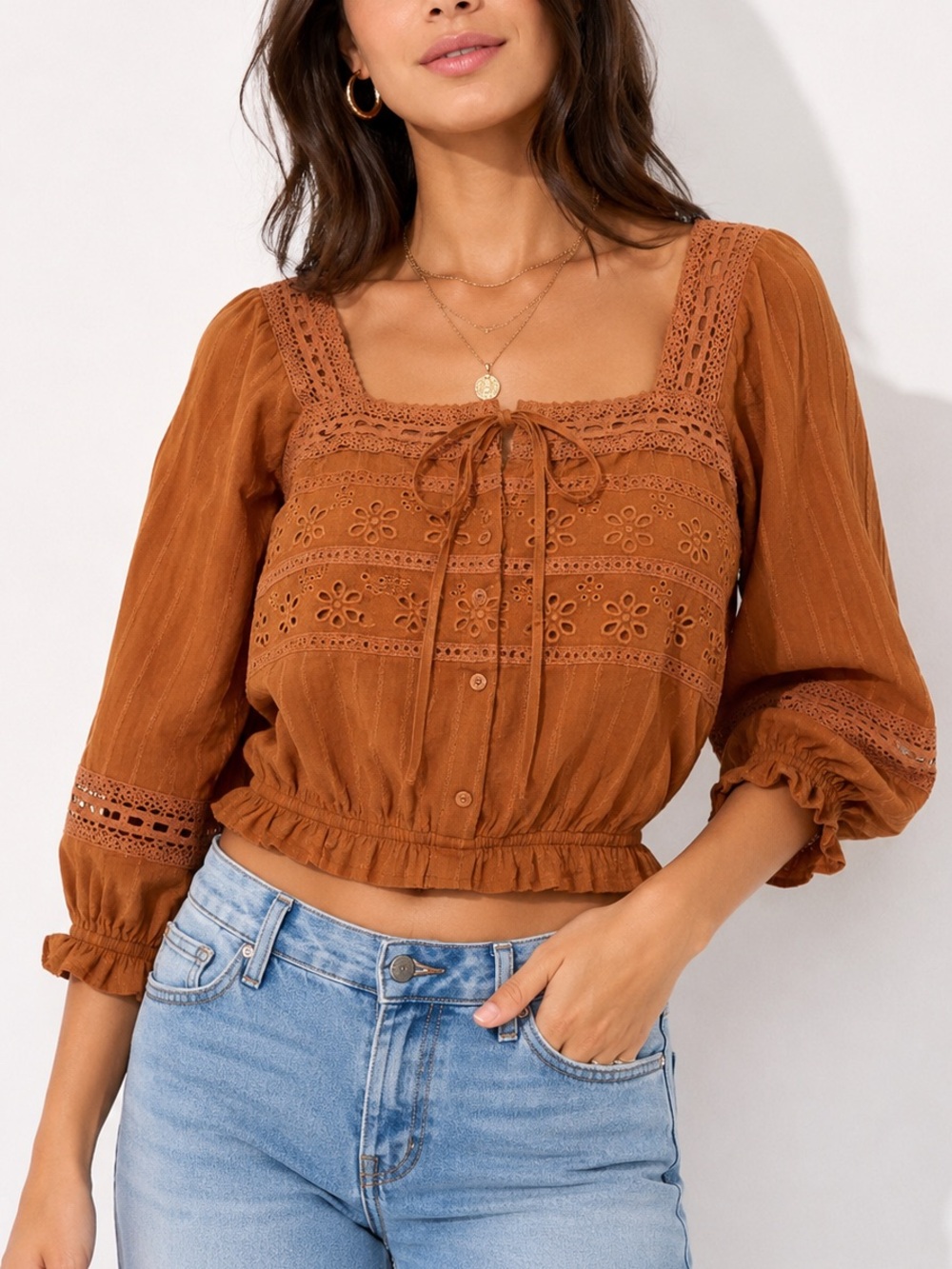 American Eagle Outfitters Cropped Eyelet Peasant Top - Rust